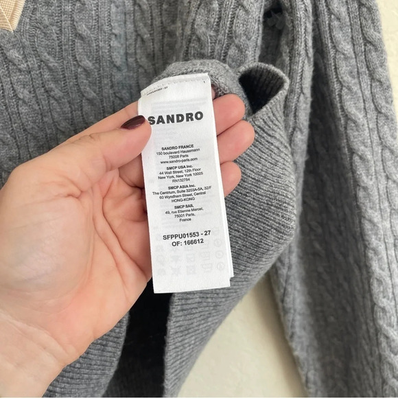 SANDRO Nea Cable-Knit Sweater Gray Wool Cashmere Blend V Neck - Picture 6 of 8